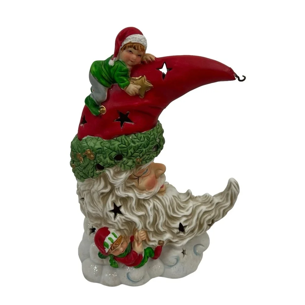 Vintage Santa Moon Night Light Ceramic Christmas Elf Star Cutouts Decor WORKS